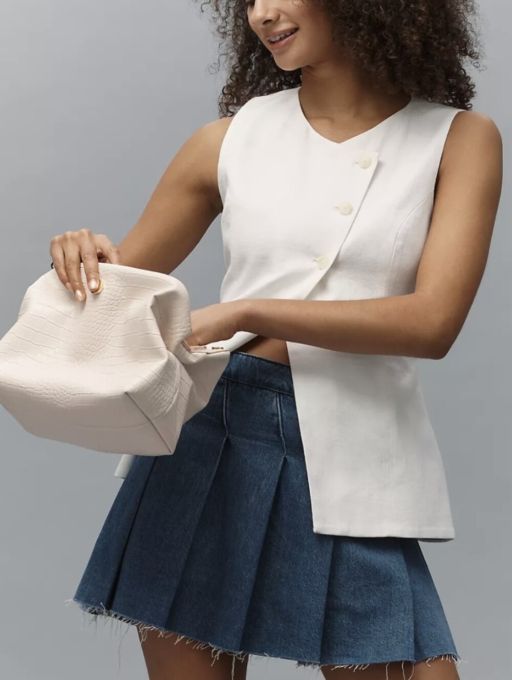Pilcro Slant Pleated Denim Skater Mini Skirt - Blue